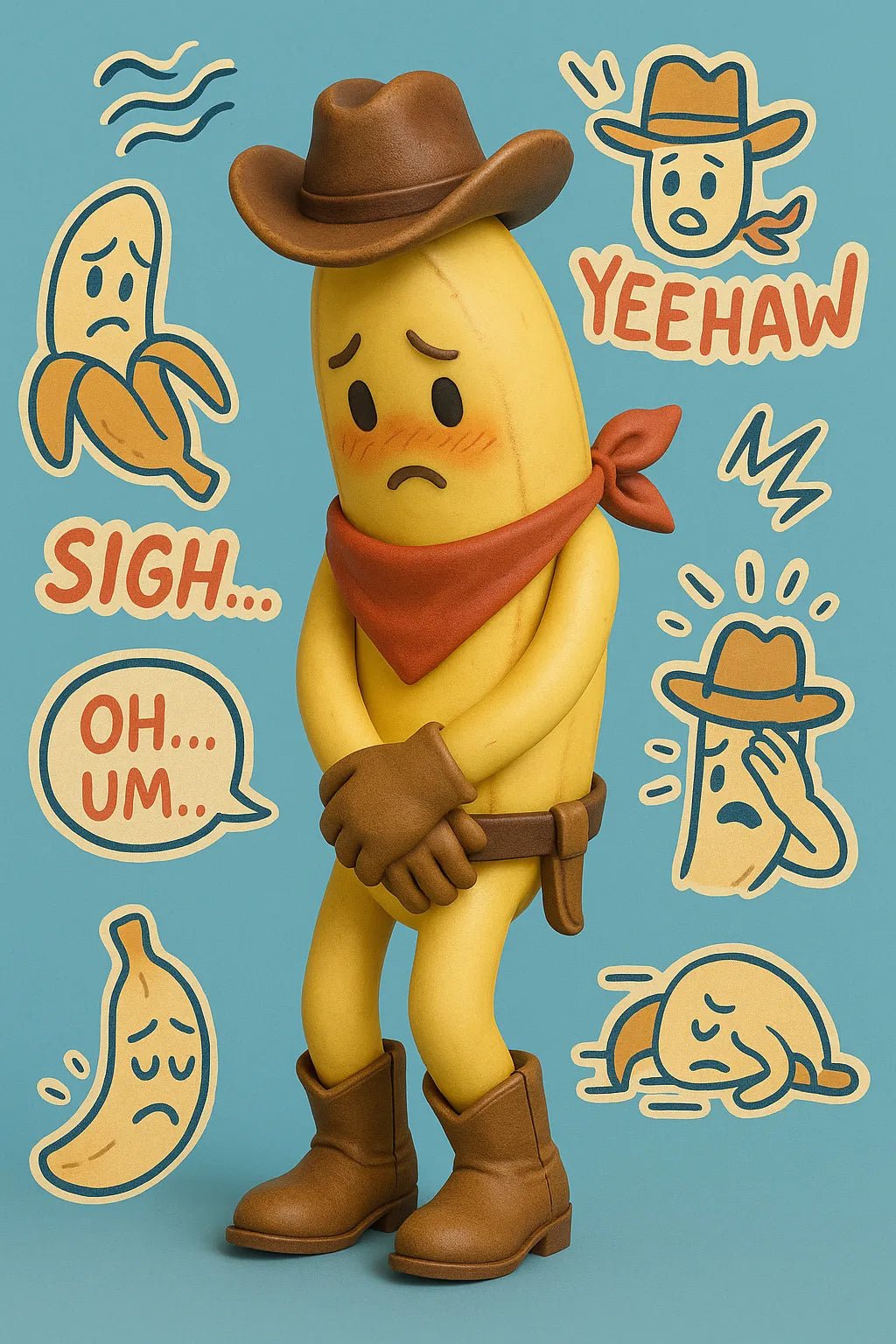 Example output from the 3D Toy Renders With Sketch Overlays ChatGPT prompt: vinyl toy characters with comic-style overlays, featuring photoreal 3D rendering, expressive sticker illustrations, grounded lighting, and stylized speech bubbles. Shy Banana.