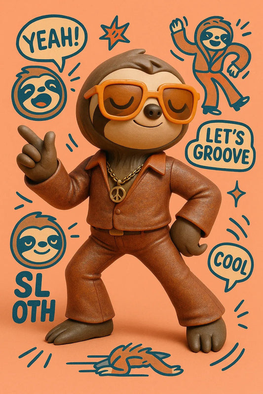 Example output from the 3D Toy Renders With Sketch Overlays ChatGPT prompt: vinyl toy characters with comic-style overlays, featuring photoreal 3D rendering, expressive sticker illustrations, grounded lighting, and stylized speech bubbles. Sloth.