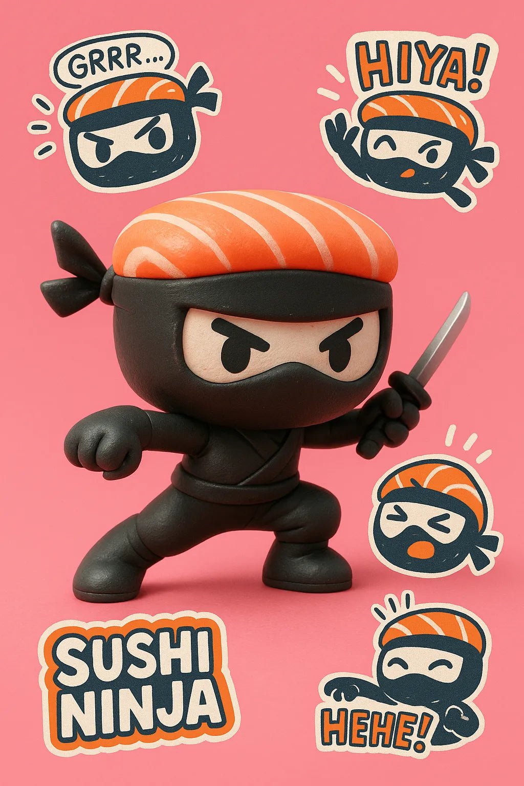 Example output from the 3D Toy Renders With Sketch Overlays ChatGPT prompt: vinyl toy characters with comic-style overlays, featuring photoreal 3D rendering, expressive sticker illustrations, grounded lighting, and stylized speech bubbles. Sushi Ninja.