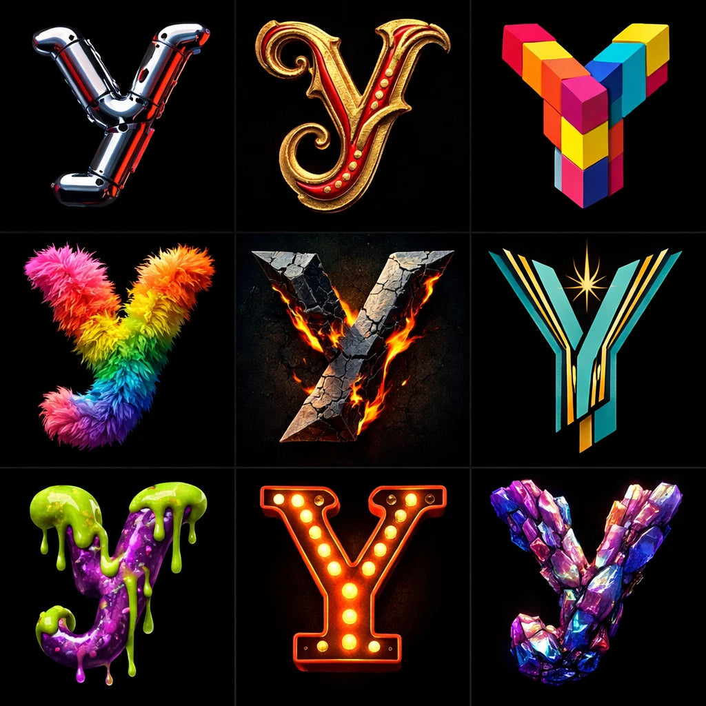 Example output from the 9 Radical Letterform Explorer ChatGPT prompt: a 3×3 grid of the lowercase letter 'y' in nine wildly different styles and materials such as chrome, fur, fire, marquee bulbs and glossy 3D, on a black background.