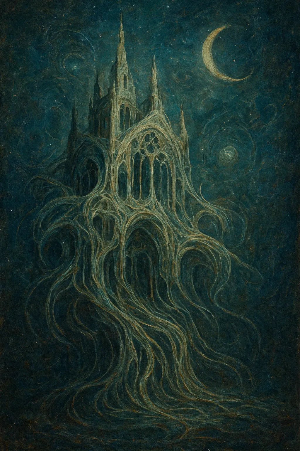 Example output from the Abstract Mythtech Surreal Art ChatGPT prompt: myth-inspired surreal compositions. Preview 1.