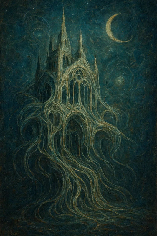 Example output from the Abstract Mythtech Surreal Art ChatGPT prompt: myth-inspired surreal compositions. Preview 1.