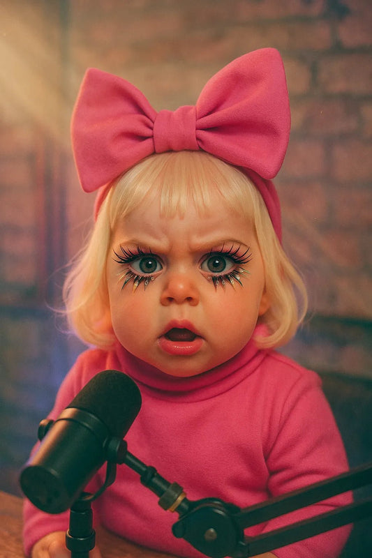 Example output from the Adorable Baby Podcast Portraits ChatGPT prompt: ultra-cute baby versions of adults styled as podcast hosts, featuring cinematic studio lighting, pastel duotone color grading, and expressive baby faces with accessories like microphones, glasses, and headphones. Preview 1.