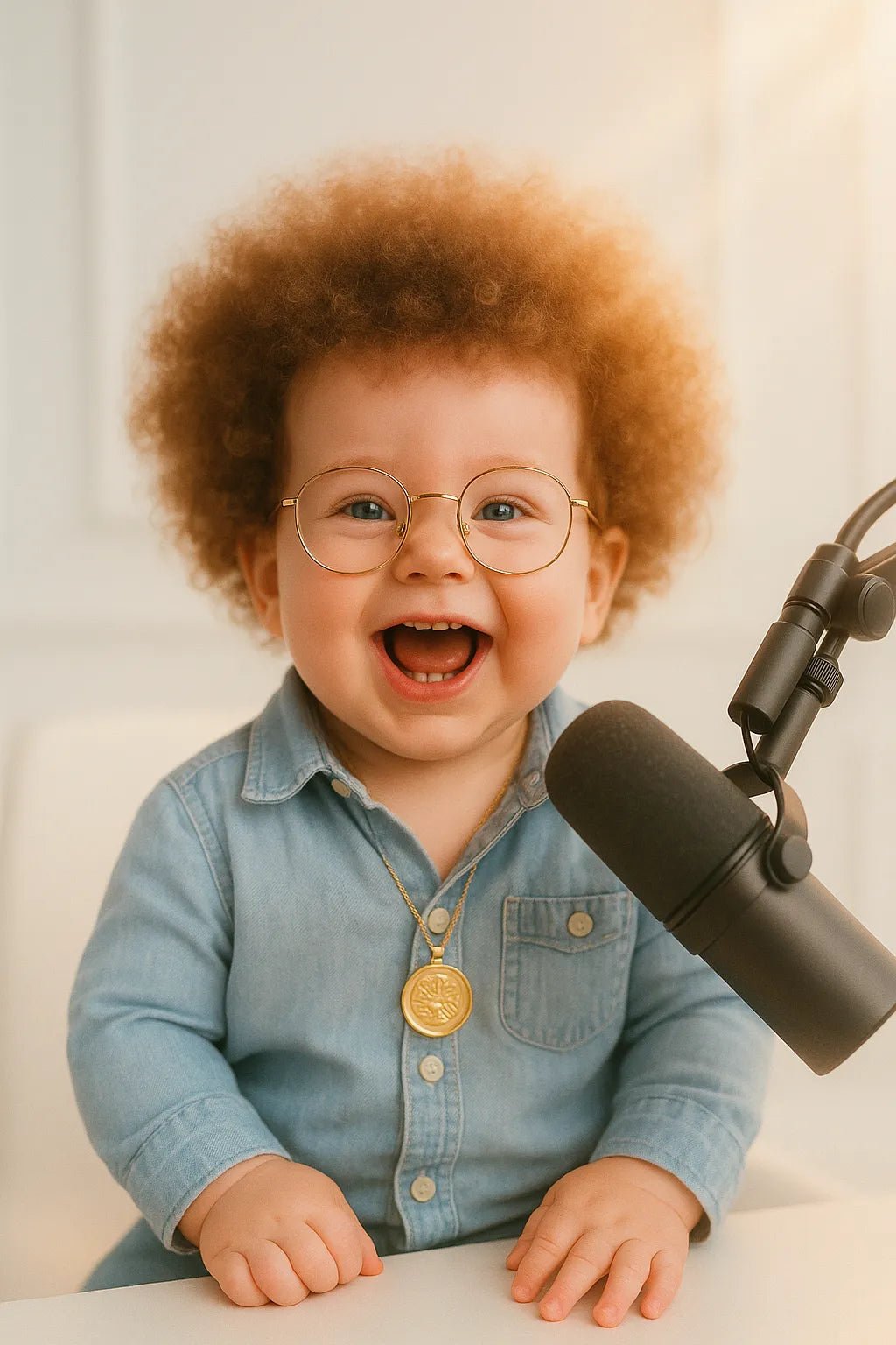 Example output from the Adorable Baby Podcast Portraits ChatGPT prompt: ultra-cute baby versions of adults styled as podcast hosts, featuring cinematic studio lighting, pastel duotone color grading, and expressive baby faces with accessories like microphones, glasses, and headphones. Preview 10.