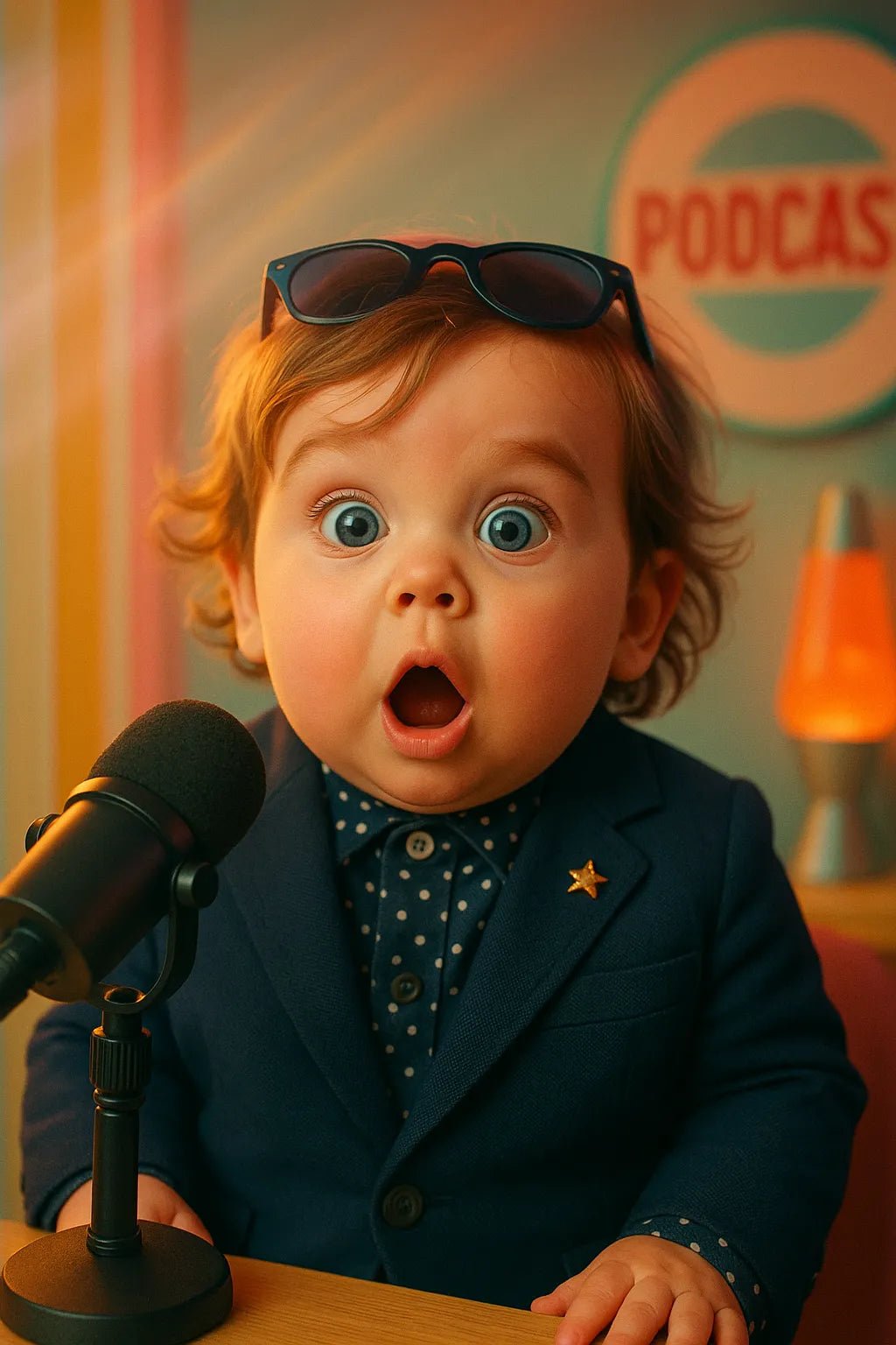 Example output from the Adorable Baby Podcast Portraits ChatGPT prompt: ultra-cute baby versions of adults styled as podcast hosts, featuring cinematic studio lighting, pastel duotone color grading, and expressive baby faces with accessories like microphones, glasses, and headphones. Preview 2.