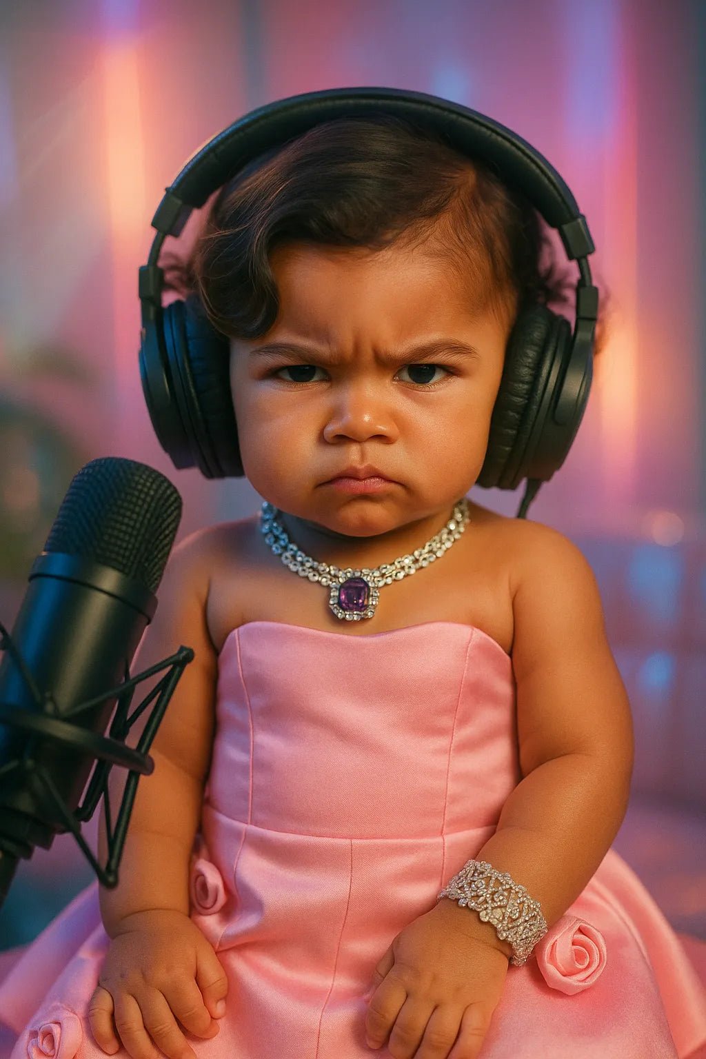 Example output from the Adorable Baby Podcast Portraits ChatGPT prompt: ultra-cute baby versions of adults styled as podcast hosts, featuring cinematic studio lighting, pastel duotone color grading, and expressive baby faces with accessories like microphones, glasses, and headphones. Preview 3.