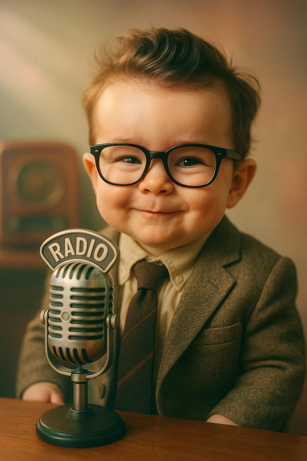 Example output from the Adorable Baby Podcast Portraits ChatGPT prompt: ultra-cute baby versions of adults styled as podcast hosts, featuring cinematic studio lighting, pastel duotone color grading, and expressive baby faces with accessories like microphones, glasses, and headphones. Preview 4.