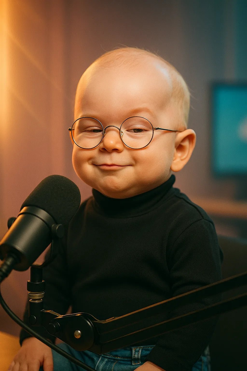 Example output from the Adorable Baby Podcast Portraits ChatGPT prompt: ultra-cute baby versions of adults styled as podcast hosts, featuring cinematic studio lighting, pastel duotone color grading, and expressive baby faces with accessories like microphones, glasses, and headphones. Preview 6.