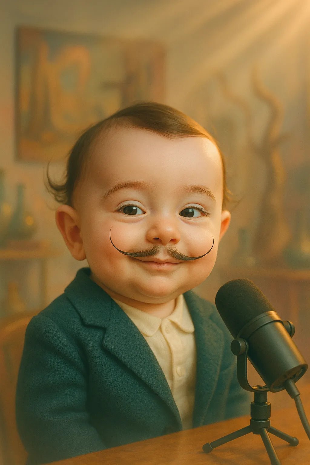 Example output from the Adorable Baby Podcast Portraits ChatGPT prompt: ultra-cute baby versions of adults styled as podcast hosts, featuring cinematic studio lighting, pastel duotone color grading, and expressive baby faces with accessories like microphones, glasses, and headphones. Preview 7.