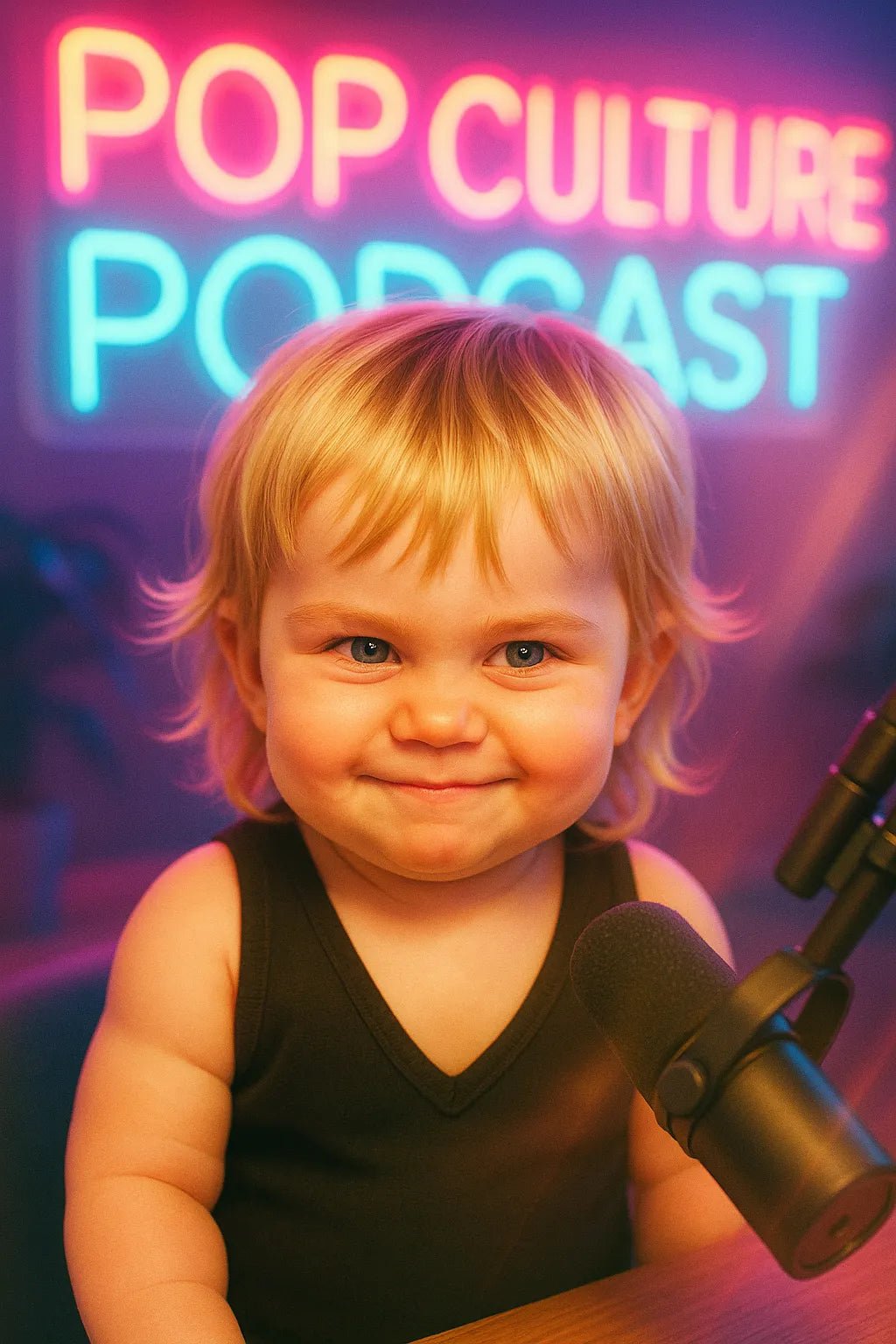Example output from the Adorable Baby Podcast Portraits ChatGPT prompt: ultra-cute baby versions of adults styled as podcast hosts, featuring cinematic studio lighting, pastel duotone color grading, and expressive baby faces with accessories like microphones, glasses, and headphones. Preview 8.