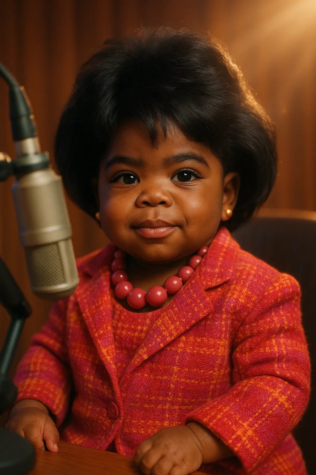 Example output from the Adorable Baby Podcast Portraits ChatGPT prompt: ultra-cute baby versions of adults styled as podcast hosts, featuring cinematic studio lighting, pastel duotone color grading, and expressive baby faces with accessories like microphones, glasses, and headphones. Preview 9.