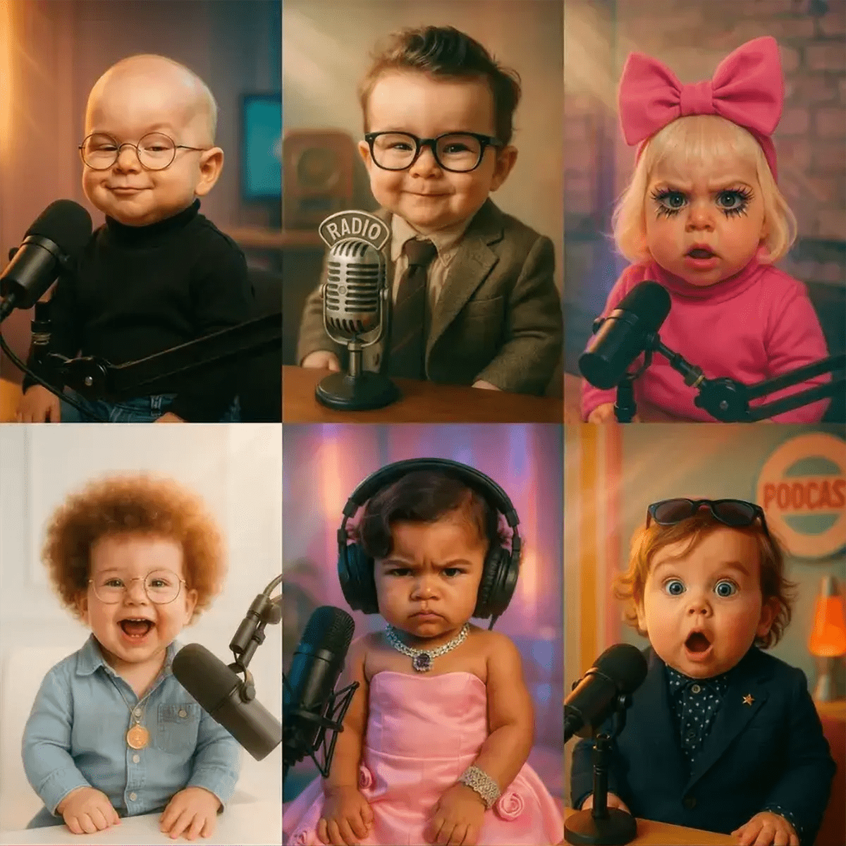 Example output from the Adorable Baby Podcast Portraits ChatGPT prompt: ultra-cute baby versions of adults styled as podcast hosts, featuring cinematic studio lighting, pastel duotone color grading, and expressive baby faces with accessories like microphones, glasses, and headphones.