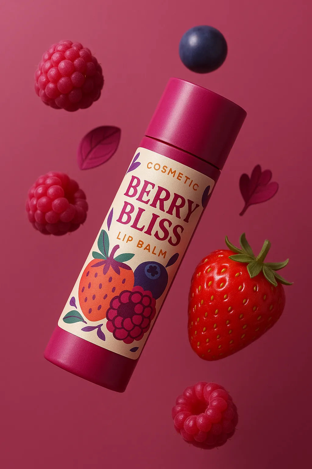 Example output of airy cosmetic floating shot generated by a ChatGPT prompt template, featuring skincare and beauty product: Berry Bliss.