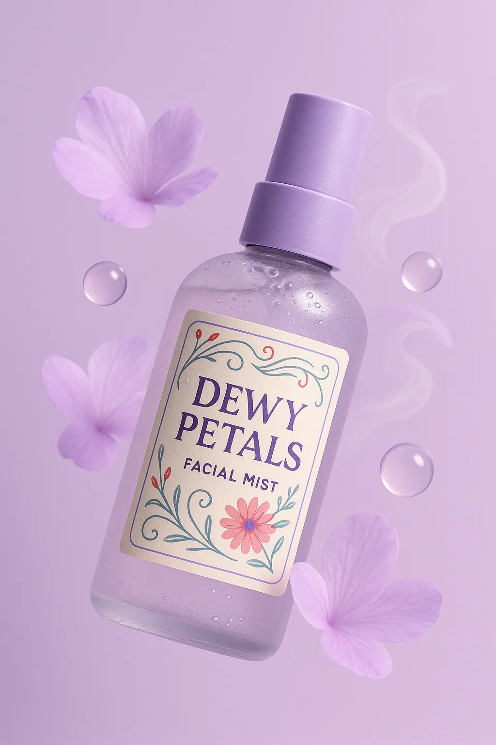 Example output of airy cosmetic floating shot generated by a ChatGPT prompt template, featuring skincare and beauty product: Dewy Petals.