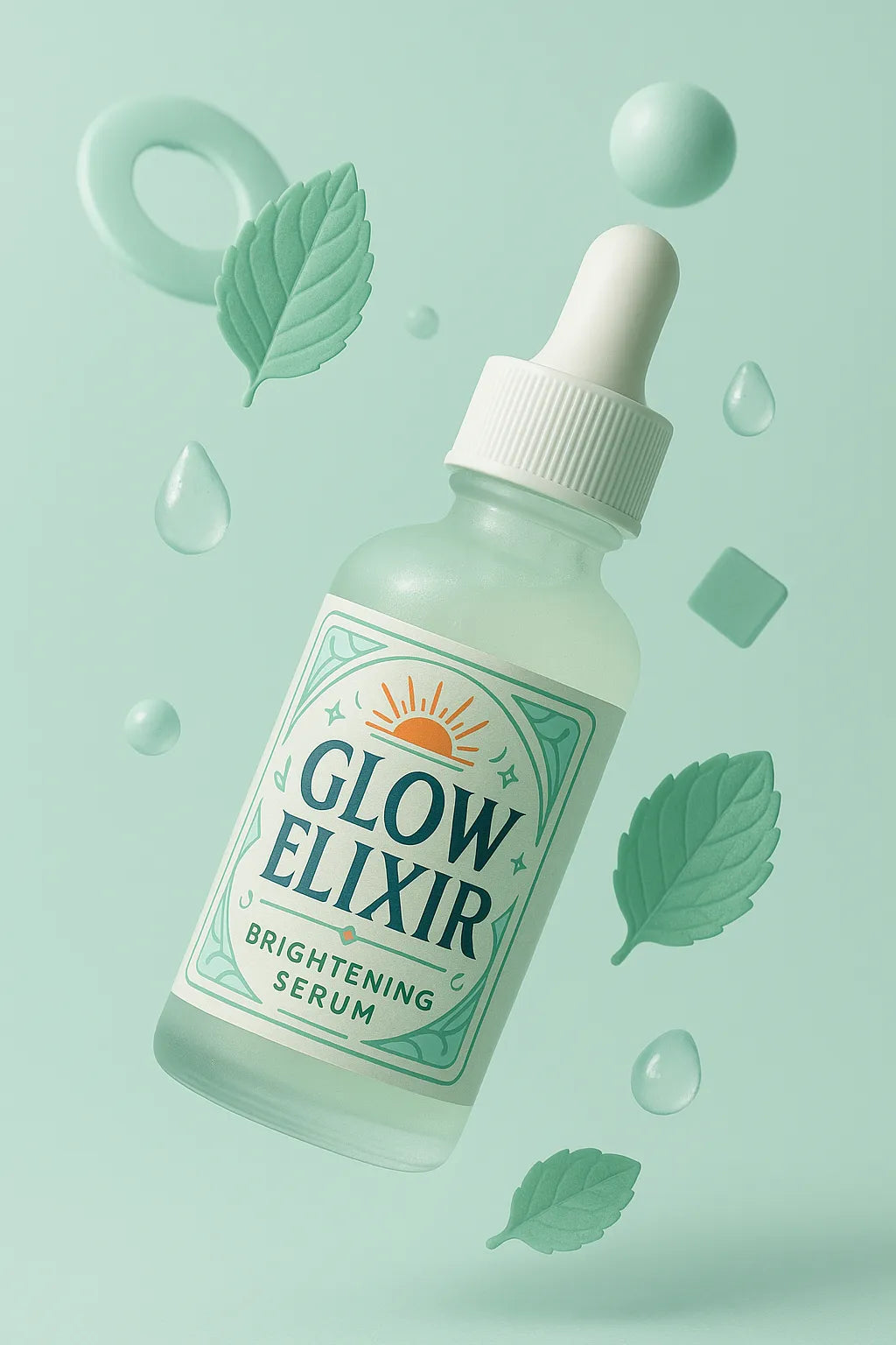 Example output of airy cosmetic floating shot generated by a ChatGPT prompt template, featuring skincare and beauty product: Glow Elixir.