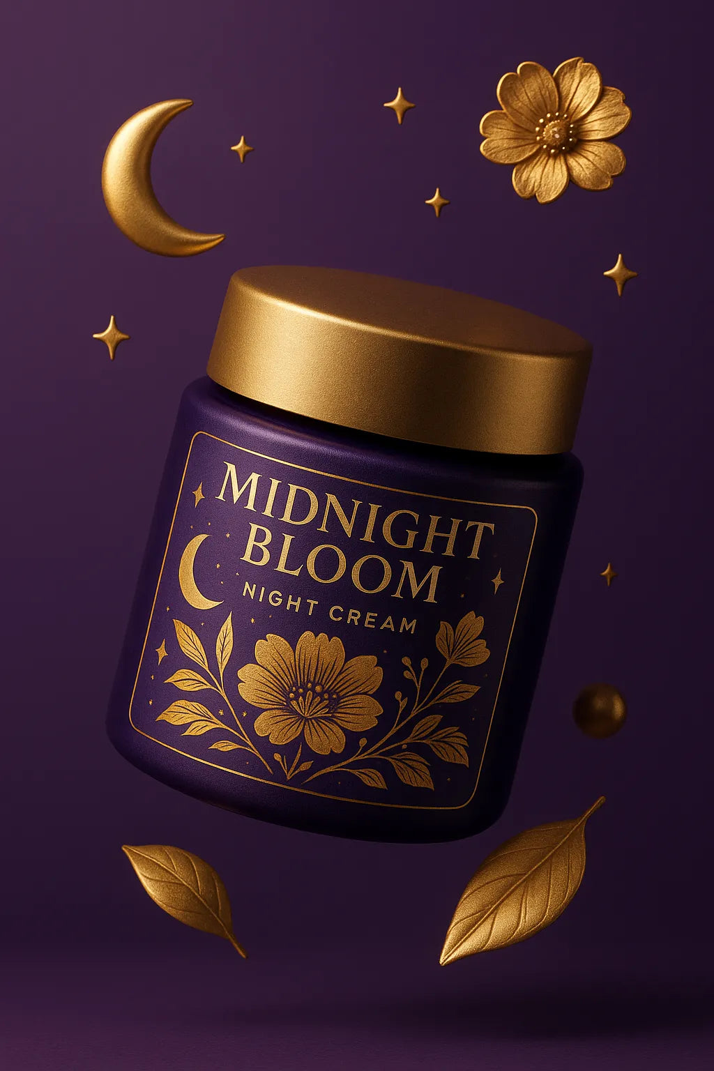 Example output of airy cosmetic floating shot generated by a ChatGPT prompt template, featuring skincare and beauty product: Midnight Bloom.