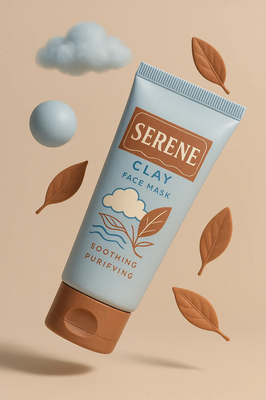 Example output of airy cosmetic floating shot generated by a ChatGPT prompt template, featuring skincare and beauty product: Serene.