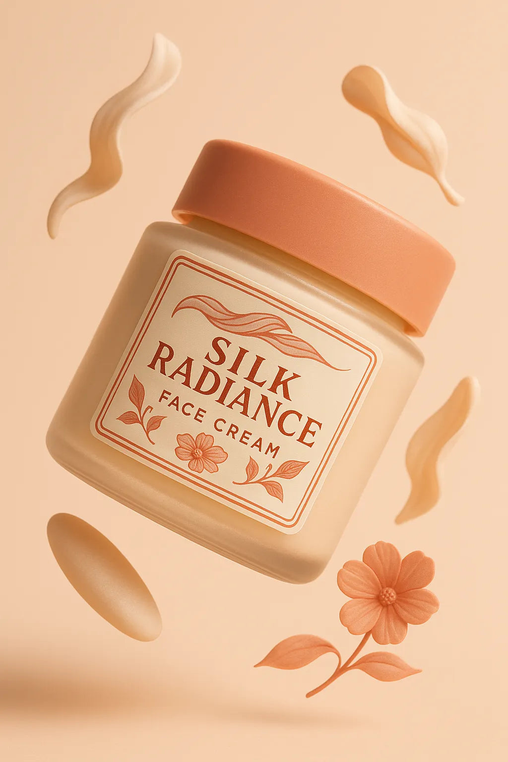 Example output of airy cosmetic floating shot generated by a ChatGPT prompt template, featuring skincare and beauty product: Silk Radiance.
