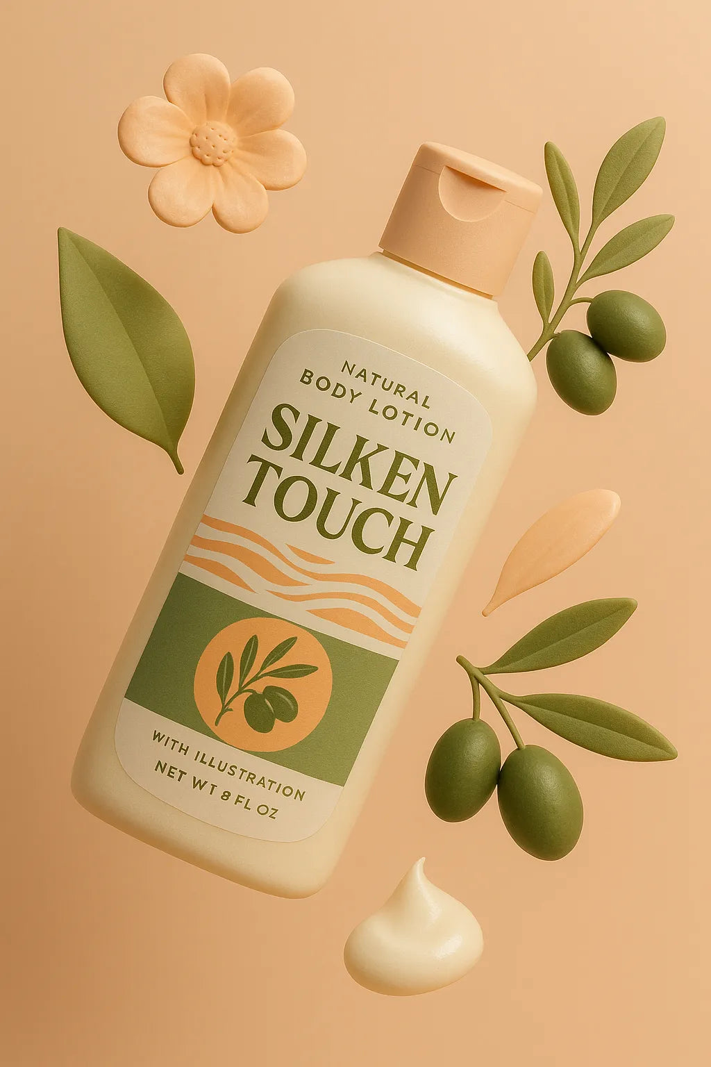 Example output of airy cosmetic floating shot generated by a ChatGPT prompt template, featuring skincare and beauty product: Silken Touch.