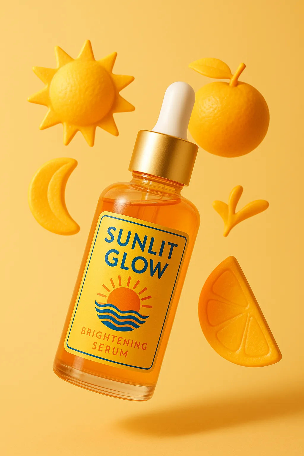 Example output of airy cosmetic floating shot generated by a ChatGPT prompt template, featuring skincare and beauty product: Sunlit Glow.
