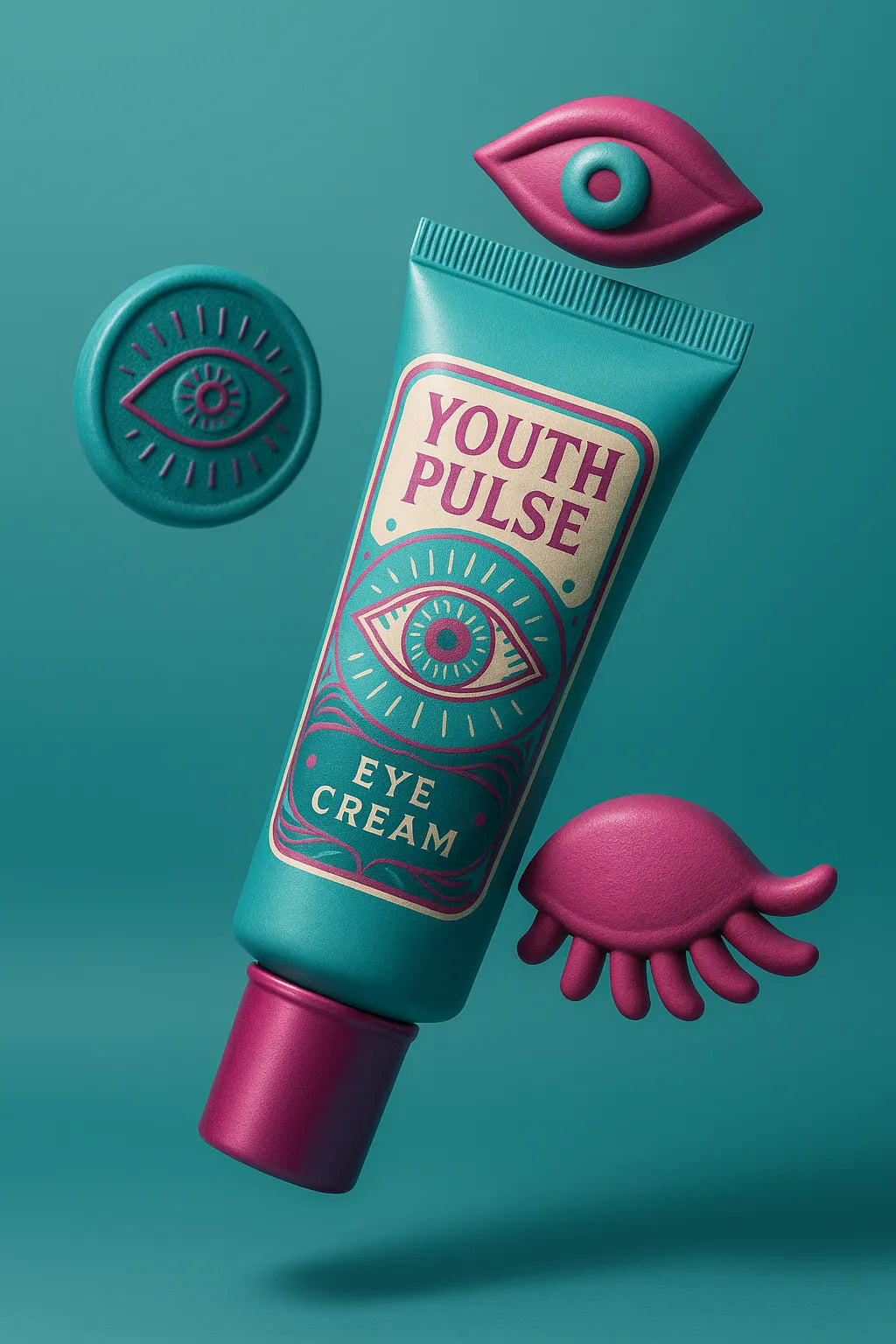 Example output of airy cosmetic floating shot generated by a ChatGPT prompt template, featuring skincare and beauty product: Youth Pulse.