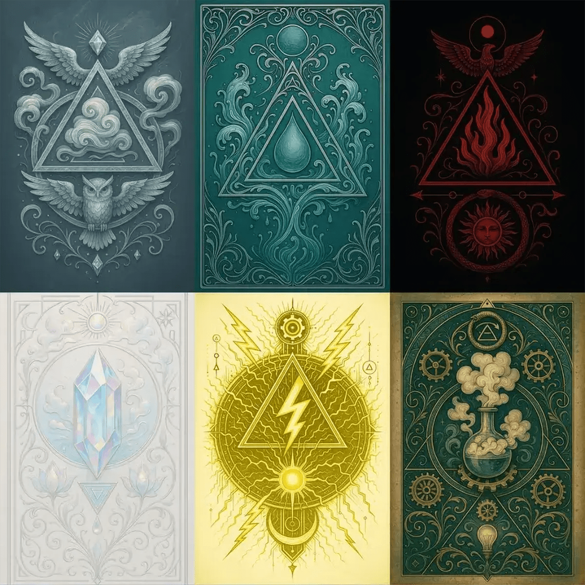 Example output from the Alchemical Insignia Art ChatGPT prompt: ornate emblem designs featuring elemental sigils (fire, water, earth, air), surrealist flourishes, and intricate linework with metallic textures.