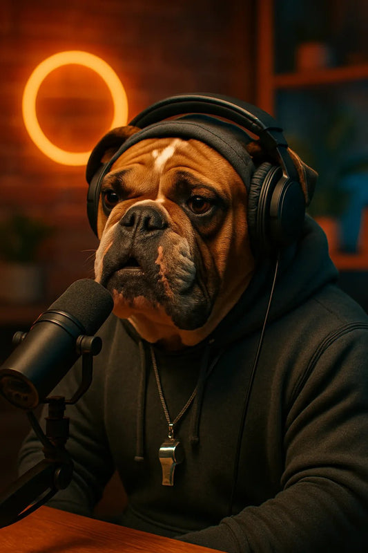 Example output from the Animal Podcast Guest Portraits ChatGPT prompt: stylish anthropomorphic animals in podcast settings, featuring cozy lighting, natural textures, modern outfits, and cinematic 3/4 studio framing. Bulldog.