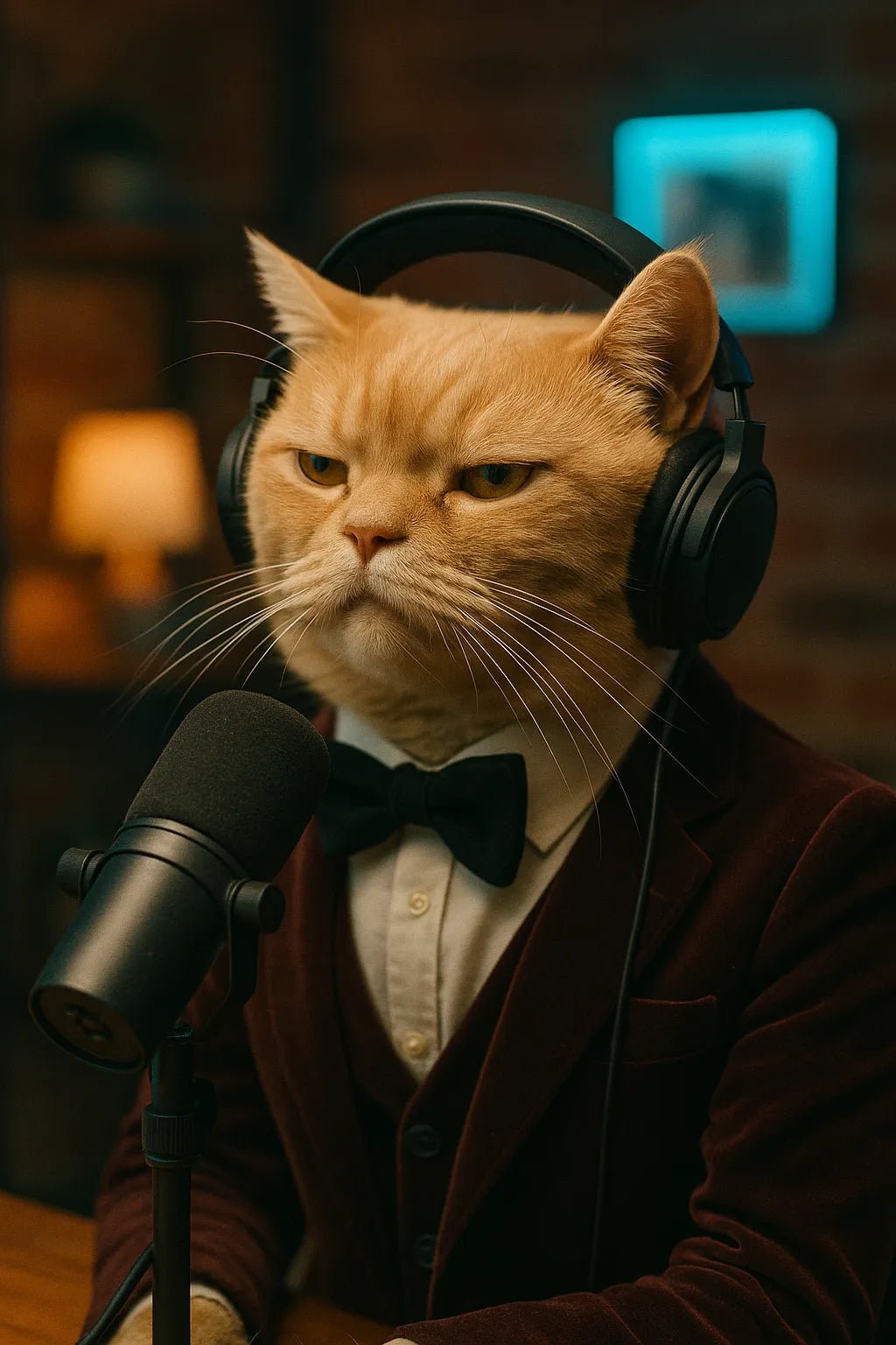 Example output from the Animal Podcast Guest Portraits ChatGPT prompt: stylish anthropomorphic animals in podcast settings, featuring cozy lighting, natural textures, modern outfits, and cinematic 3/4 studio framing. Cat.