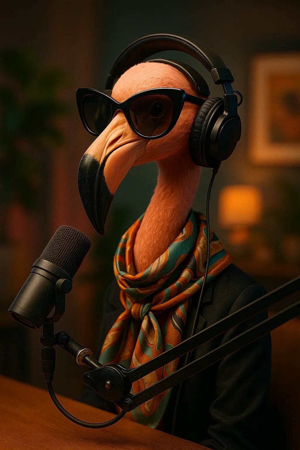 Example output from the Animal Podcast Guest Portraits ChatGPT prompt: stylish anthropomorphic animals in podcast settings, featuring cozy lighting, natural textures, modern outfits, and cinematic 3/4 studio framing. Flamingo.