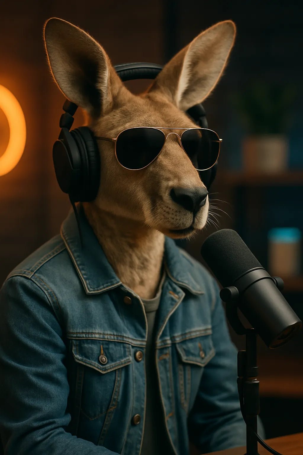 Example output from the Animal Podcast Guest Portraits ChatGPT prompt: stylish anthropomorphic animals in podcast settings, featuring cozy lighting, natural textures, modern outfits, and cinematic 3/4 studio framing. Kangaroo.