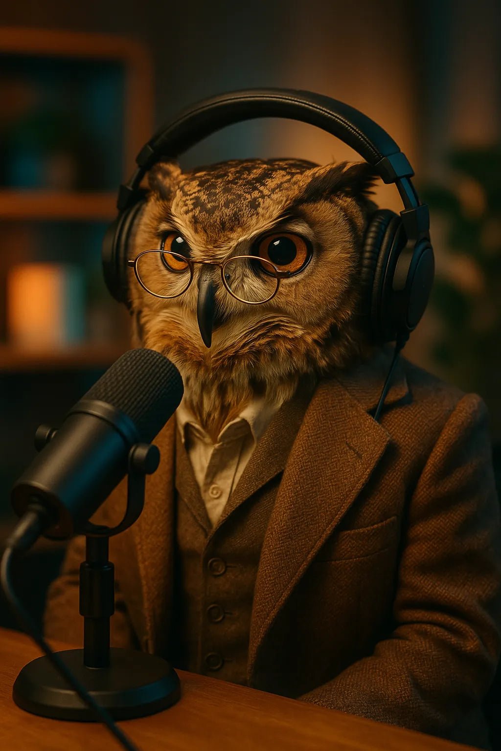 Example output from the Animal Podcast Guest Portraits ChatGPT prompt: stylish anthropomorphic animals in podcast settings, featuring cozy lighting, natural textures, modern outfits, and cinematic 3/4 studio framing. Owl.