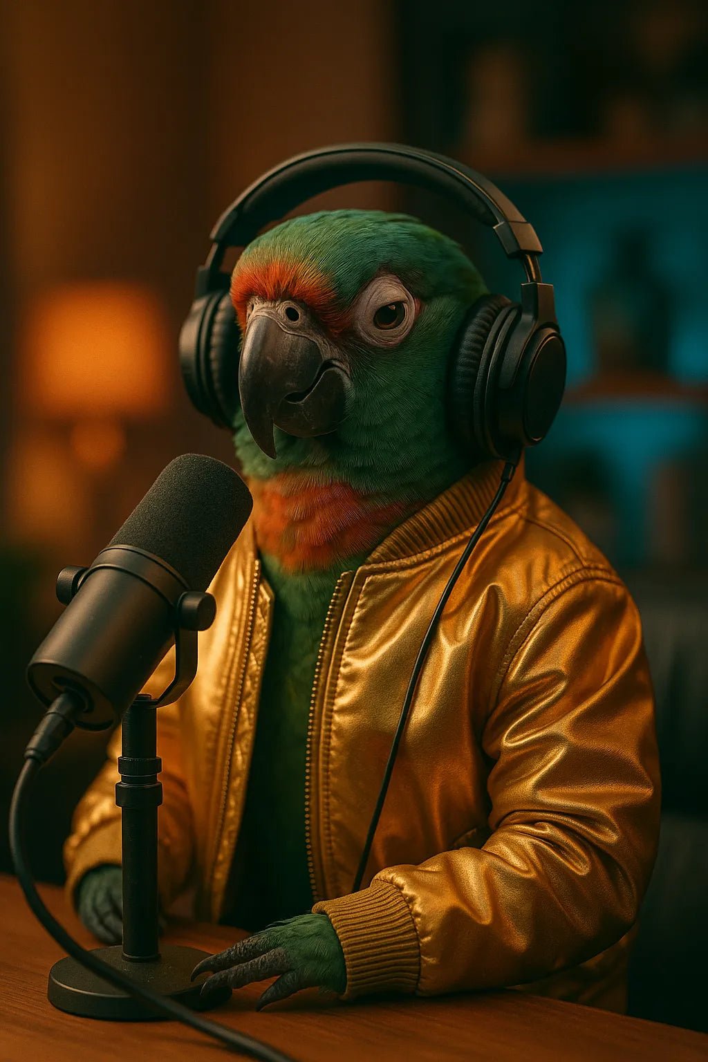 Example output from the Animal Podcast Guest Portraits ChatGPT prompt: stylish anthropomorphic animals in podcast settings, featuring cozy lighting, natural textures, modern outfits, and cinematic 3/4 studio framing. Parrot.