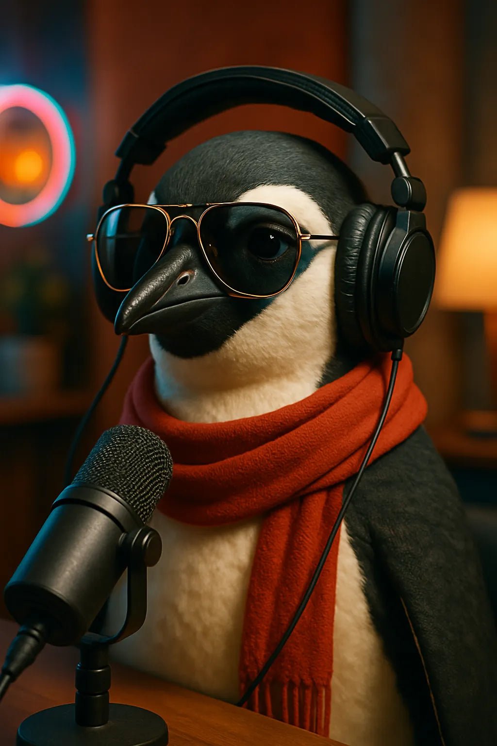 Example output from the Animal Podcast Guest Portraits ChatGPT prompt: stylish anthropomorphic animals in podcast settings, featuring cozy lighting, natural textures, modern outfits, and cinematic 3/4 studio framing. Penguin.