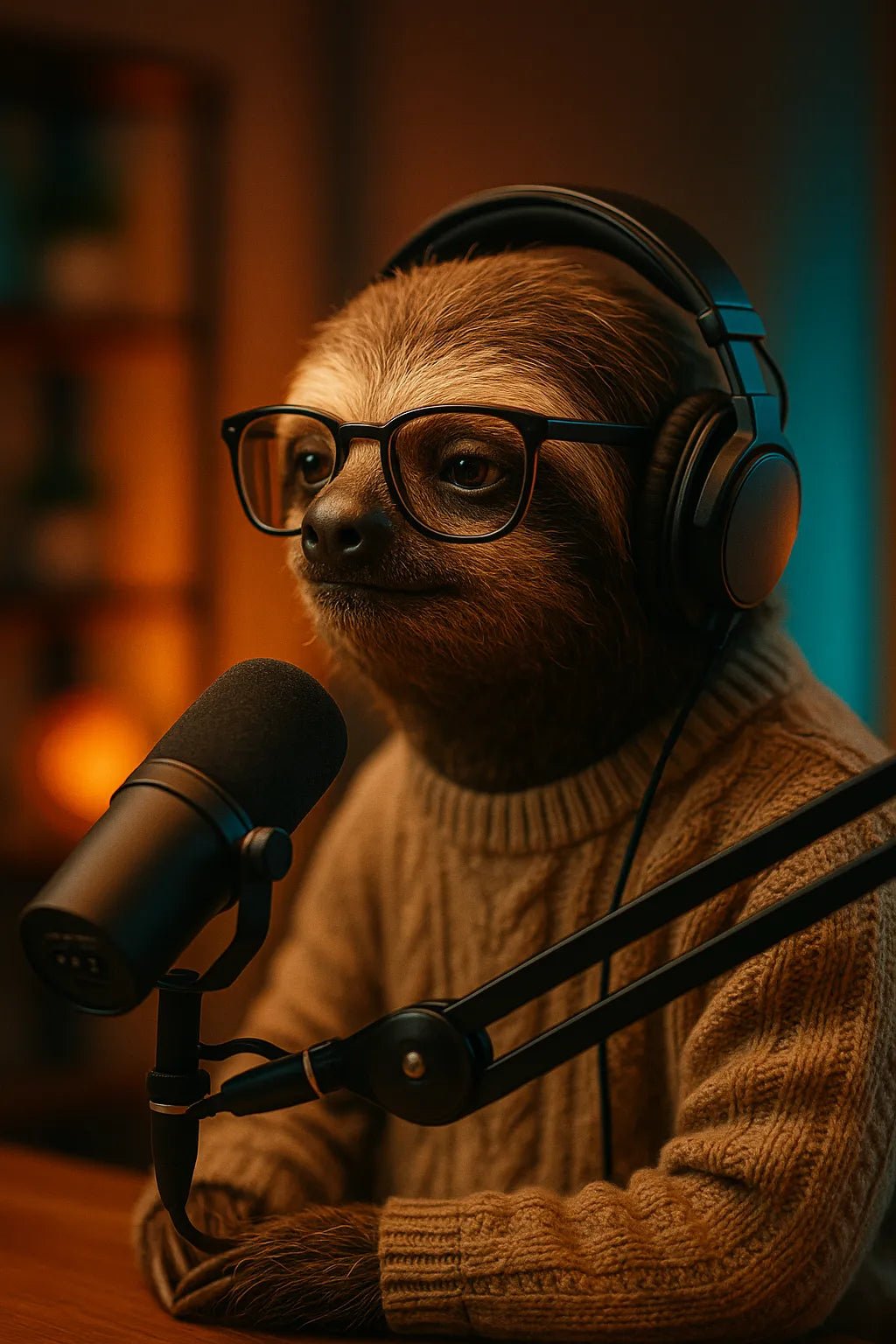 Example output from the Animal Podcast Guest Portraits ChatGPT prompt: stylish anthropomorphic animals in podcast settings, featuring cozy lighting, natural textures, modern outfits, and cinematic 3/4 studio framing. Sloth.