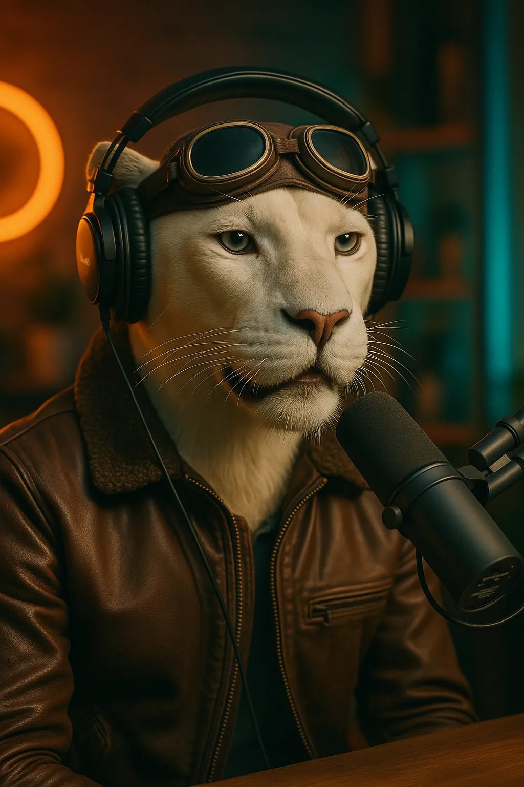 Example output from the Animal Podcast Guest Portraits ChatGPT prompt: stylish anthropomorphic animals in podcast settings, featuring cozy lighting, natural textures, modern outfits, and cinematic 3/4 studio framing. White Panther.