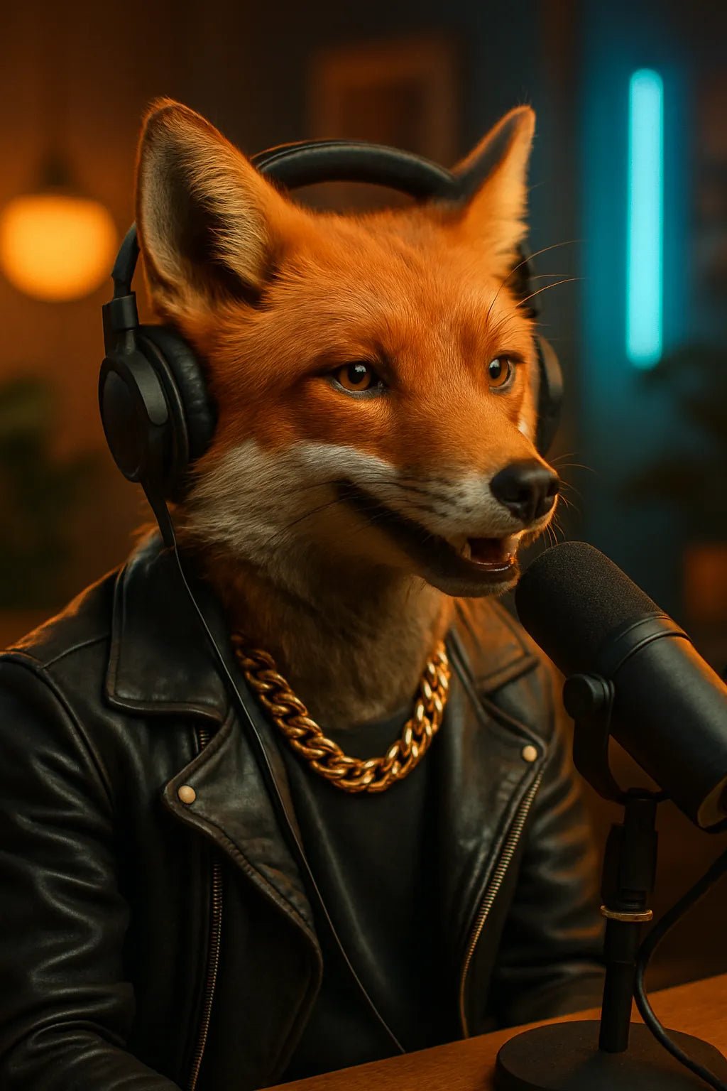 Example output from the Animal Podcast Guest Portraits ChatGPT prompt: stylish anthropomorphic animals in podcast settings, featuring cozy lighting, natural textures, modern outfits, and cinematic 3/4 studio framing. Fox.