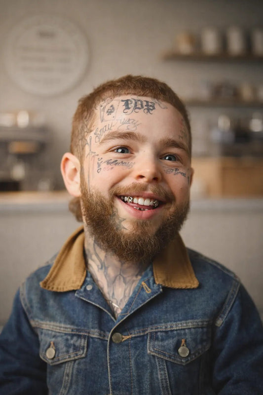 Luxury editorial baby-style portrait created from real photo, featuring high-fashion outfits, cinematic lighting, and premium studio aesthetics: Post Malone