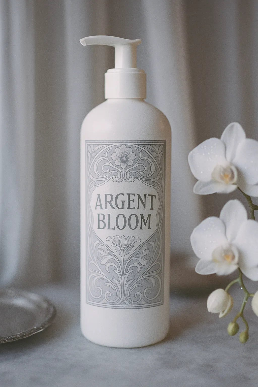 Example output from the Art Nouveau Label Mockups ChatGPT prompt: elegant bottle and jar mockups. Argent Bloom.