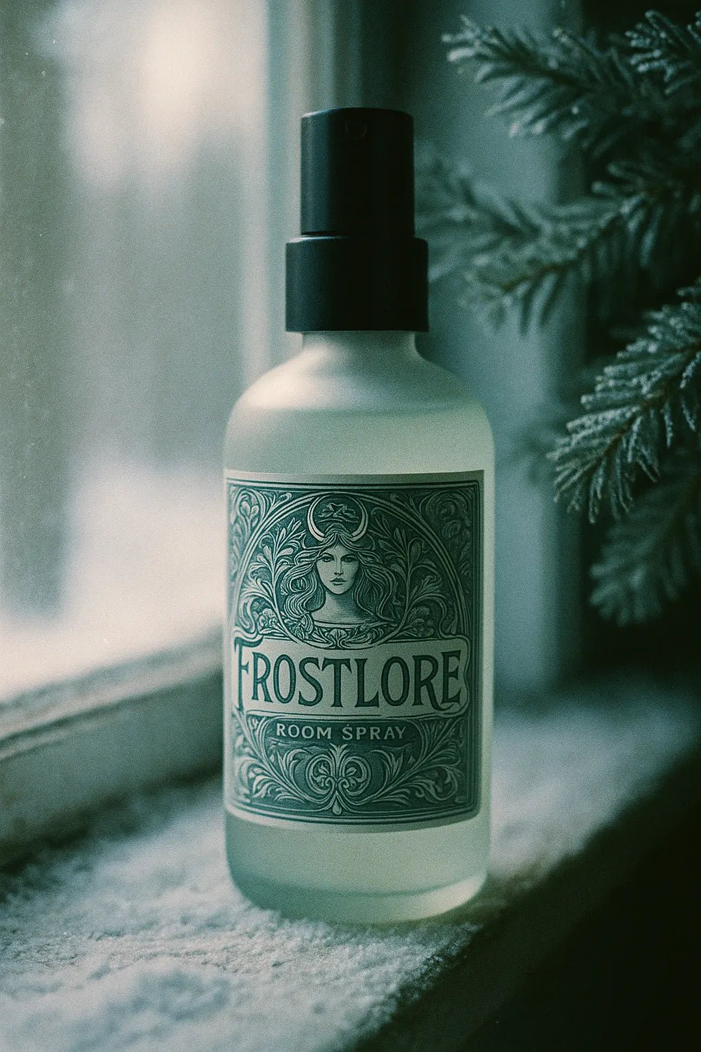 Example output from the Art Nouveau Label Mockups ChatGPT prompt: elegant bottle and jar mockups. Frostlore.