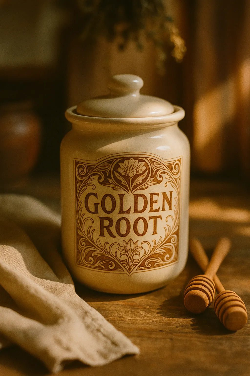 Example output from the Art Nouveau Label Mockups ChatGPT prompt: elegant bottle and jar mockups. Golden Root.