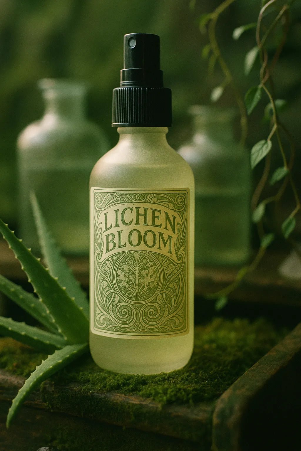 Example output from the Art Nouveau Label Mockups ChatGPT prompt: elegant bottle and jar mockups. Lichen Bloom.