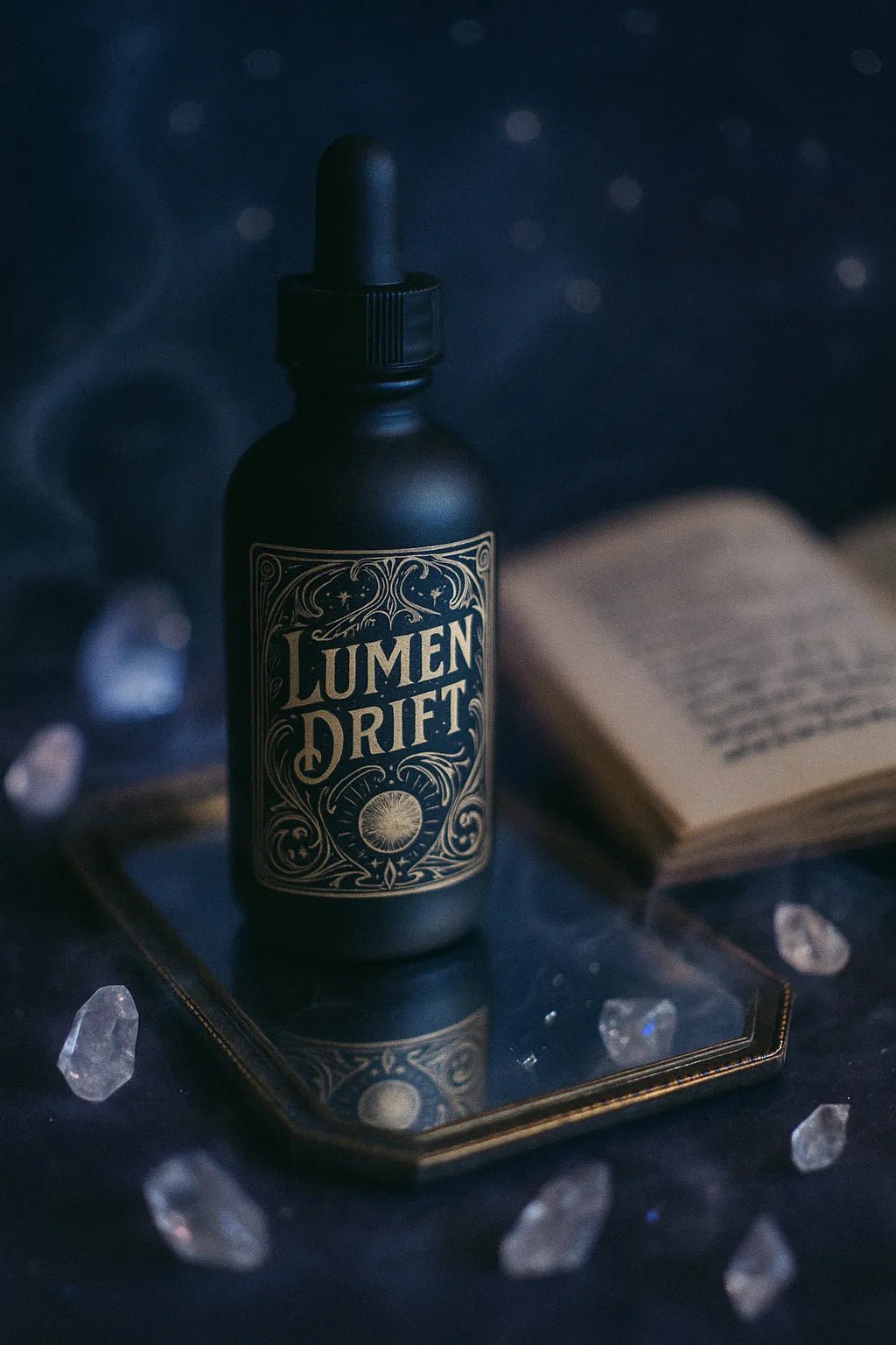 Example output from the Art Nouveau Label Mockups ChatGPT prompt: elegant bottle and jar mockups. Lumen Drift.