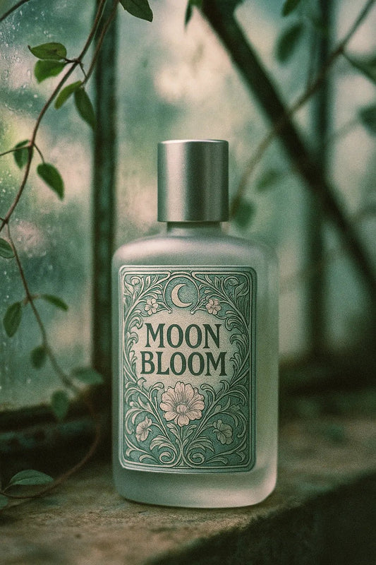 Example output from the Art Nouveau Label Mockups ChatGPT prompt: elegant bottle and jar mockups. Moon Bloom.