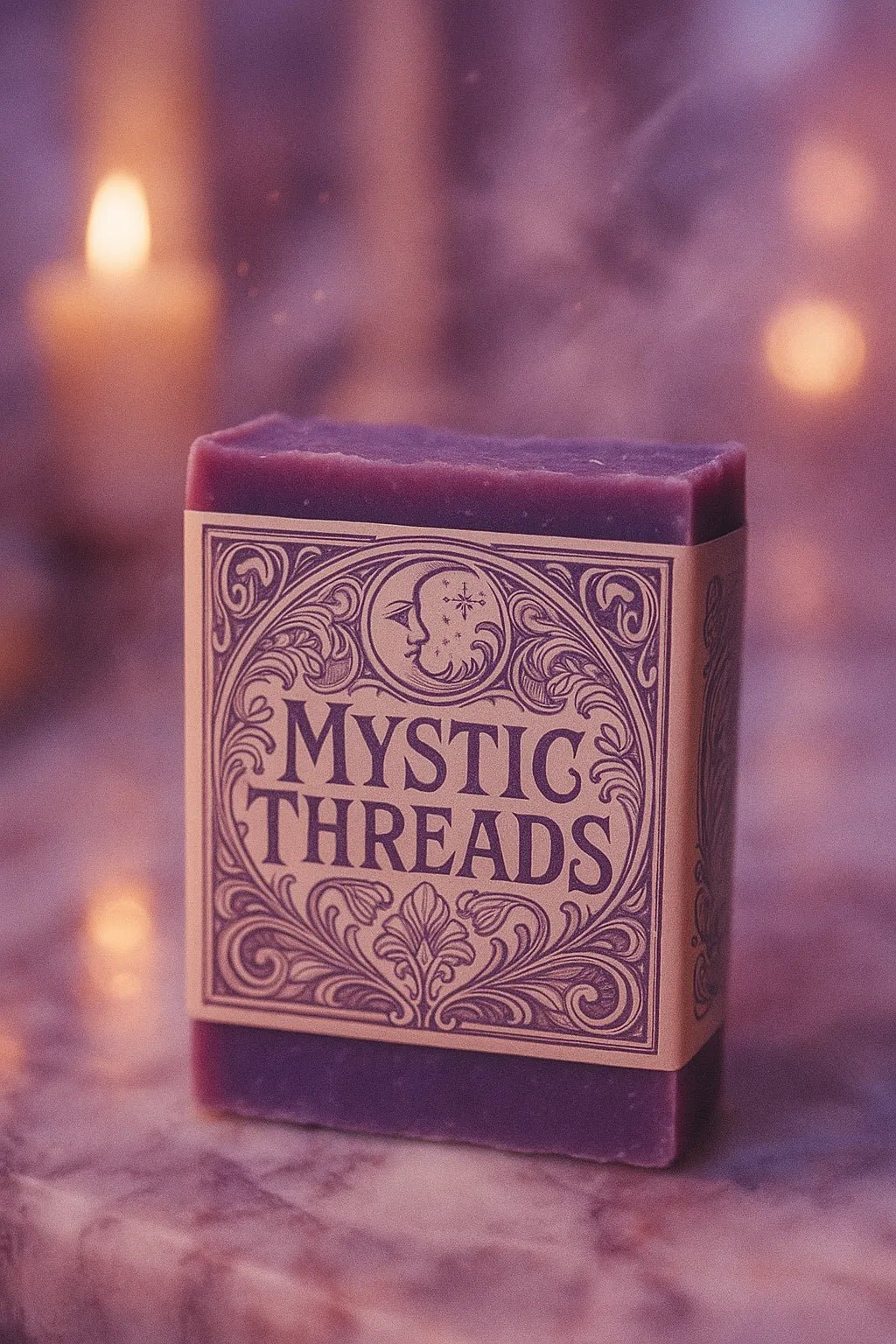 Example output from the Art Nouveau Label Mockups ChatGPT prompt: elegant bottle and jar mockups. Mystic Threads.