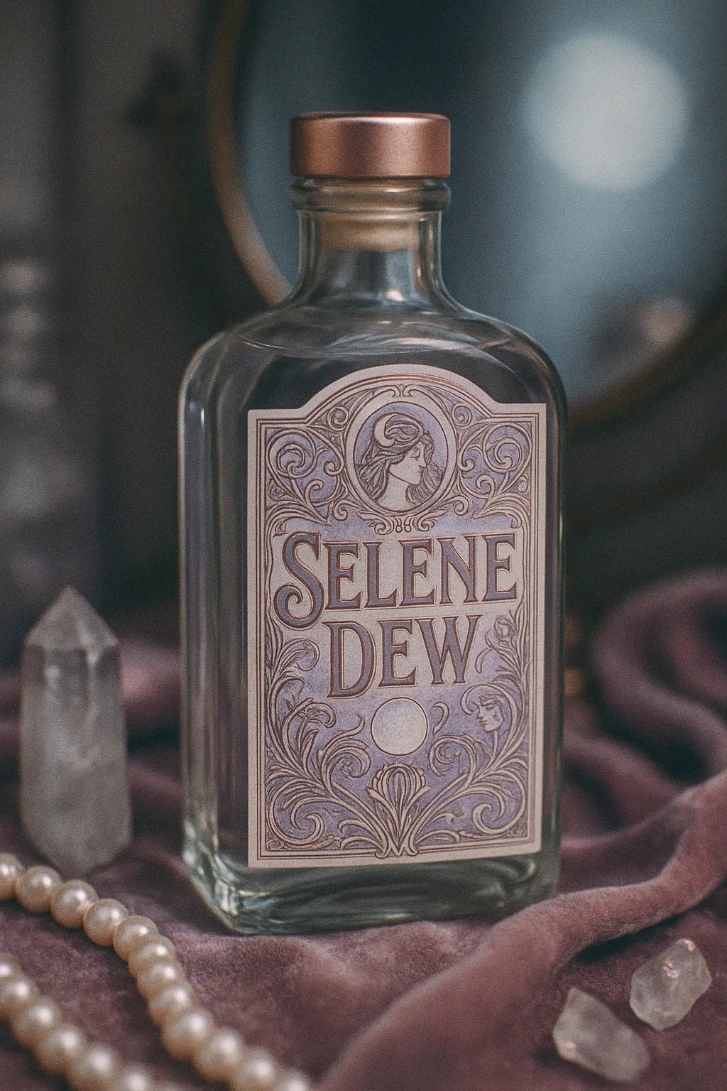 Example output from the Art Nouveau Label Mockups ChatGPT prompt: elegant bottle and jar mockups. Selene Dew.