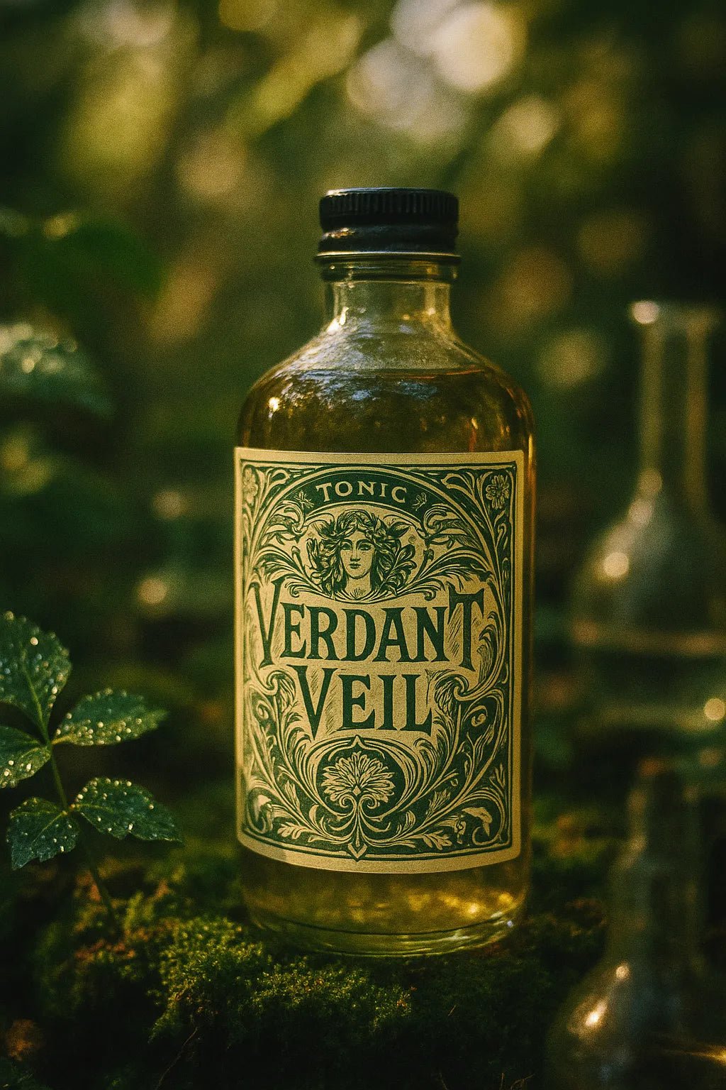 Example output from the Art Nouveau Label Mockups ChatGPT prompt: elegant bottle and jar mockups. Verdant Veil.