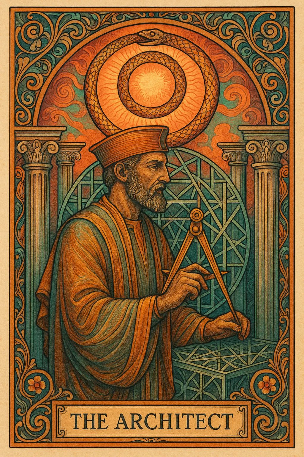 Example output from the Art Nouveau Tarot Cards ChatGPT prompt: symbolic tarot cards in lush Art Nouveau style. The Architect.