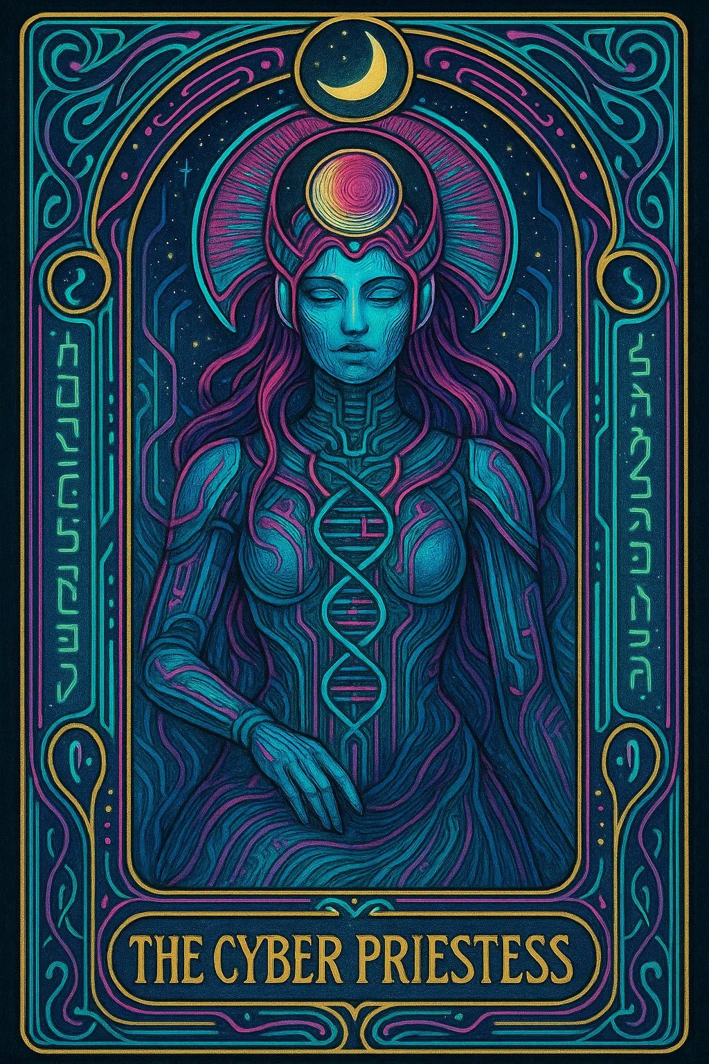 Example output from the Art Nouveau Tarot Cards ChatGPT prompt: symbolic tarot cards in lush Art Nouveau style. The Cyber Priestess.