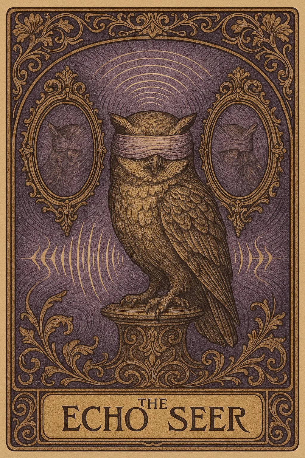 Example output from the Art Nouveau Tarot Cards ChatGPT prompt: symbolic tarot cards in lush Art Nouveau style. The Echo Seer.