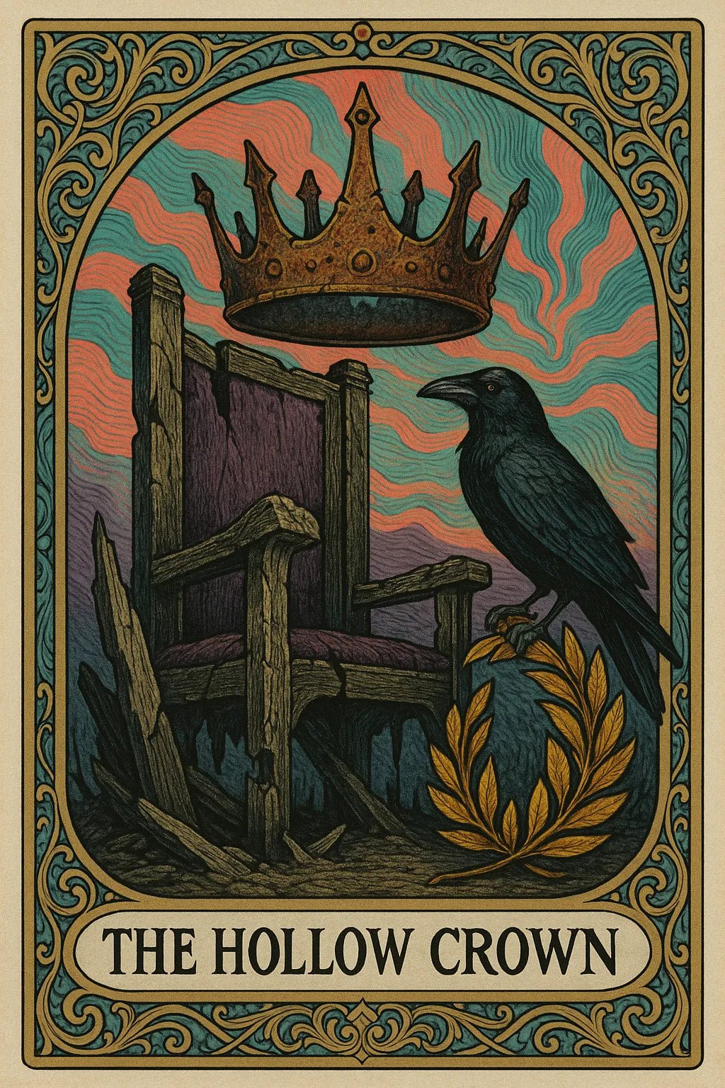 Example output from the Art Nouveau Tarot Cards ChatGPT prompt: symbolic tarot cards in lush Art Nouveau style. The Hollow Crown.